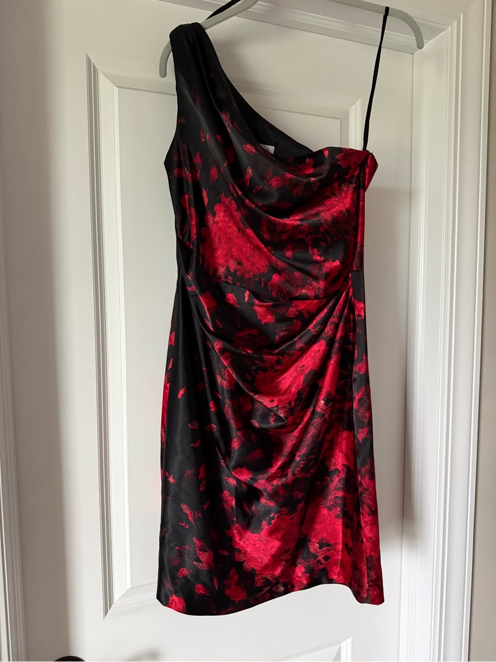 Cache One-Shoulder Red and Black Draped Satin Cocktail Dress